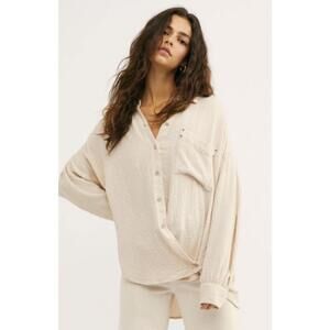 We the Free Hidden Valley Tan Oversized Draped Button Down Shirt - Size - Large